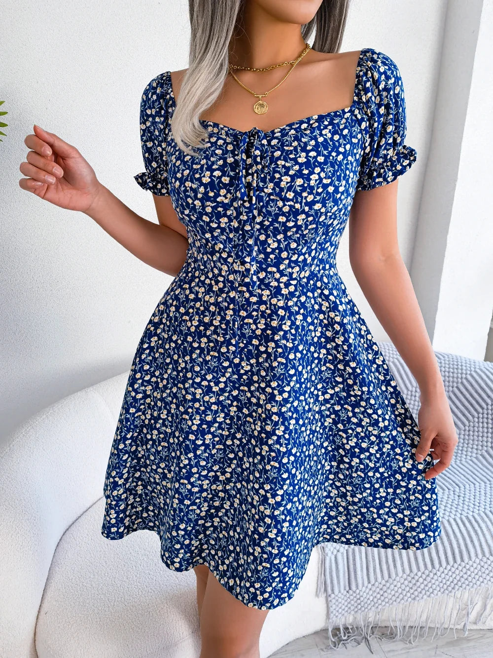 Women Casual Square Neck Flare Short Sleeve Floral Dress Elegant A Line Dress for Spring Summer 2026 Fashion Woman Clothing