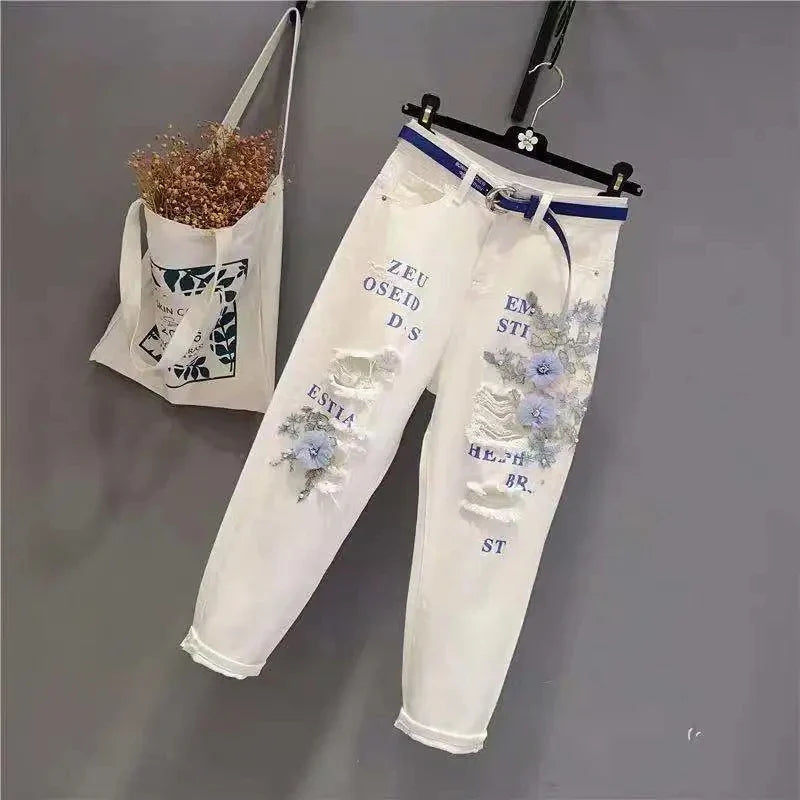 Women's Heavy Industry Lace Beggar Hole Denim Pants