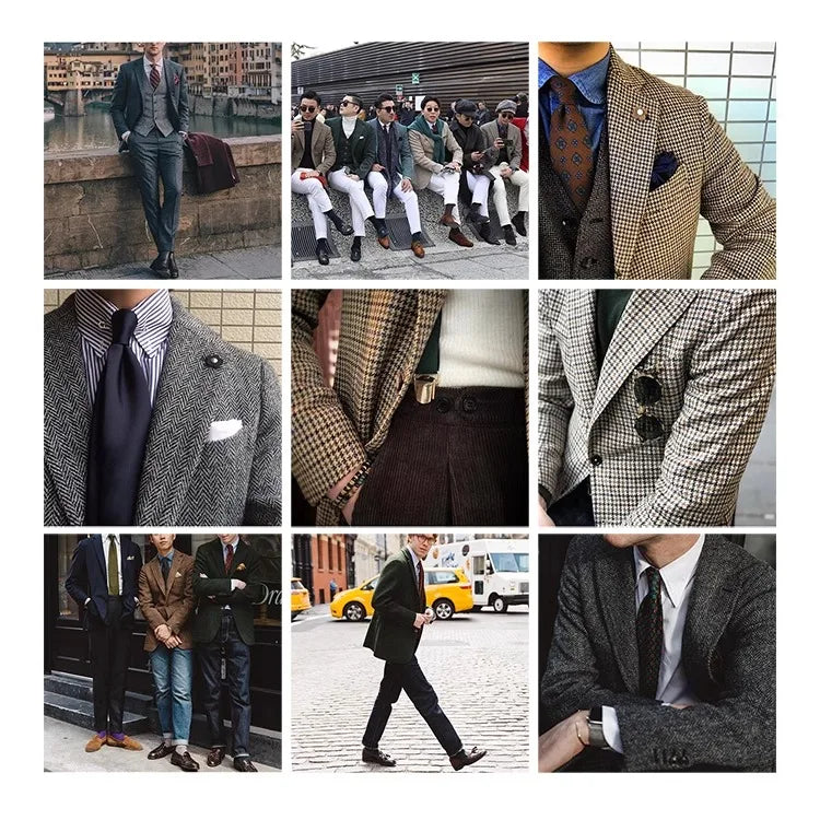 Uncle Nick's Wooster-Style Suit, Autumn and Winter Vintage Tweed Wool Herringbone Pattern Men's Blazer Suit
