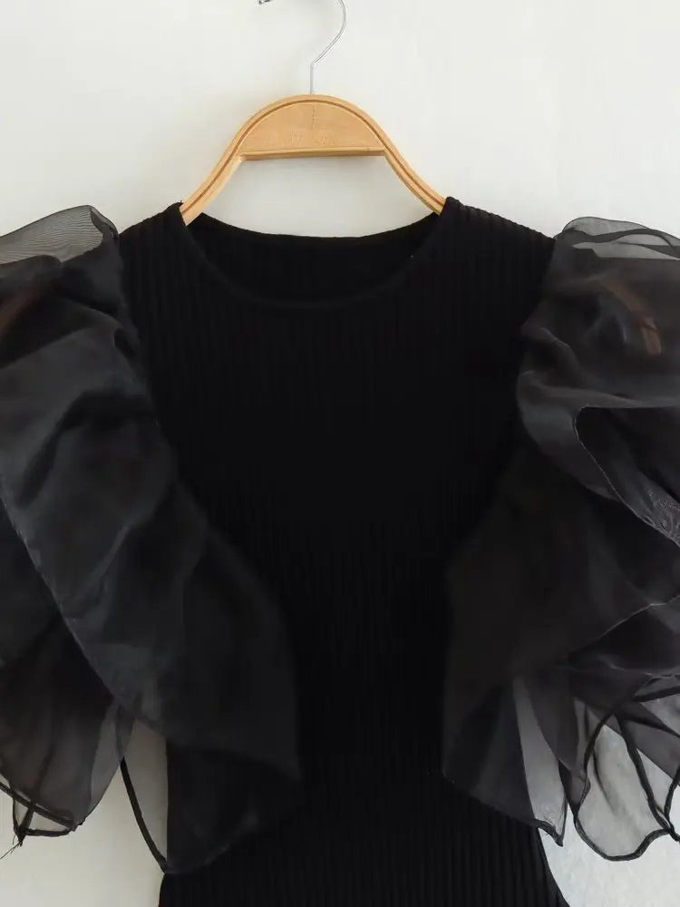 Willshela Women Fashion Black Ruffled Bodysuits Vintage O-Neck Sleeveless Female Chic Lady Tight Tops
