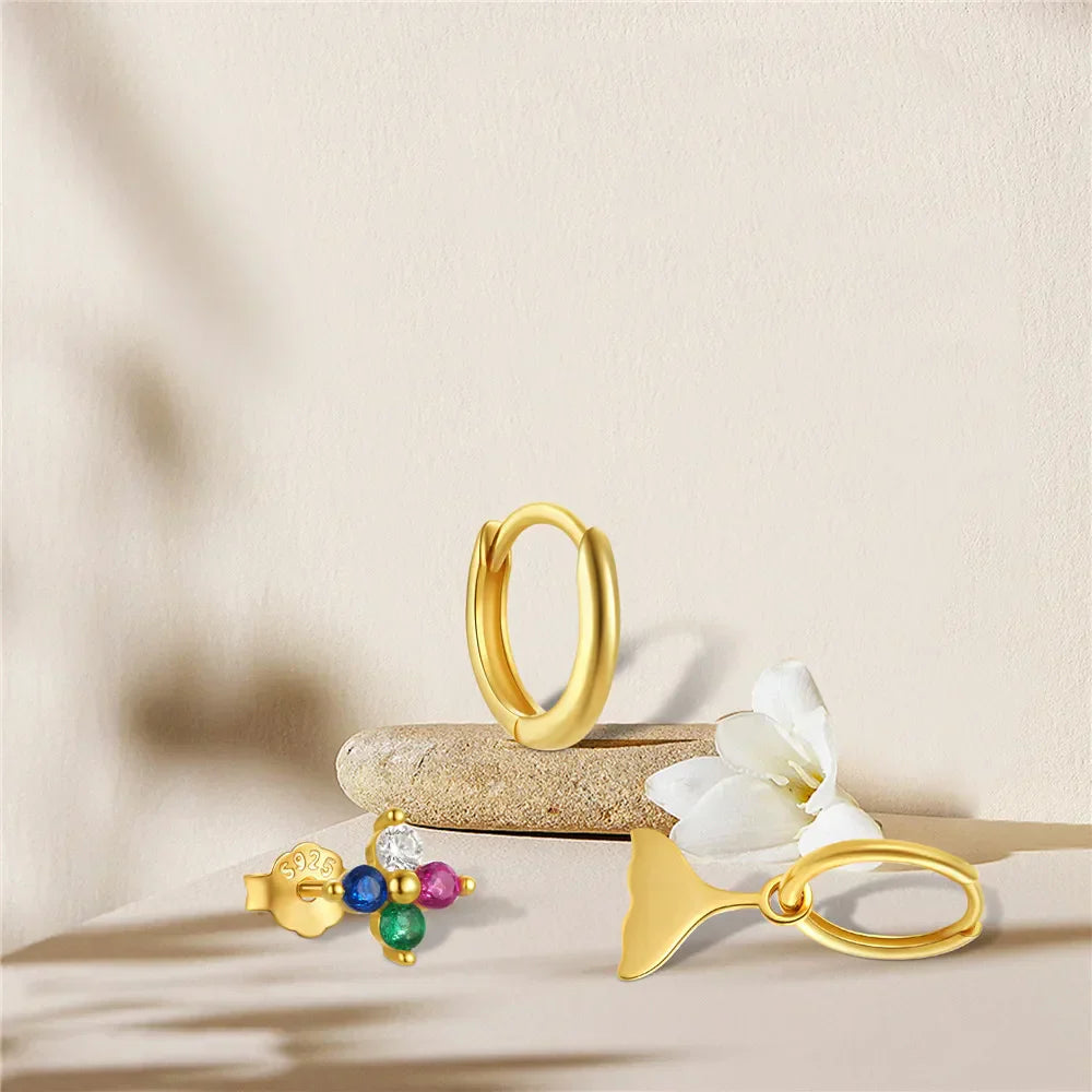 925 Sterling Silver 3pcs 4pcs Set Zircon Stud Earrings 18k Gold Star Minimalism Huggies Earring Fine Jewelly Set Party Gift