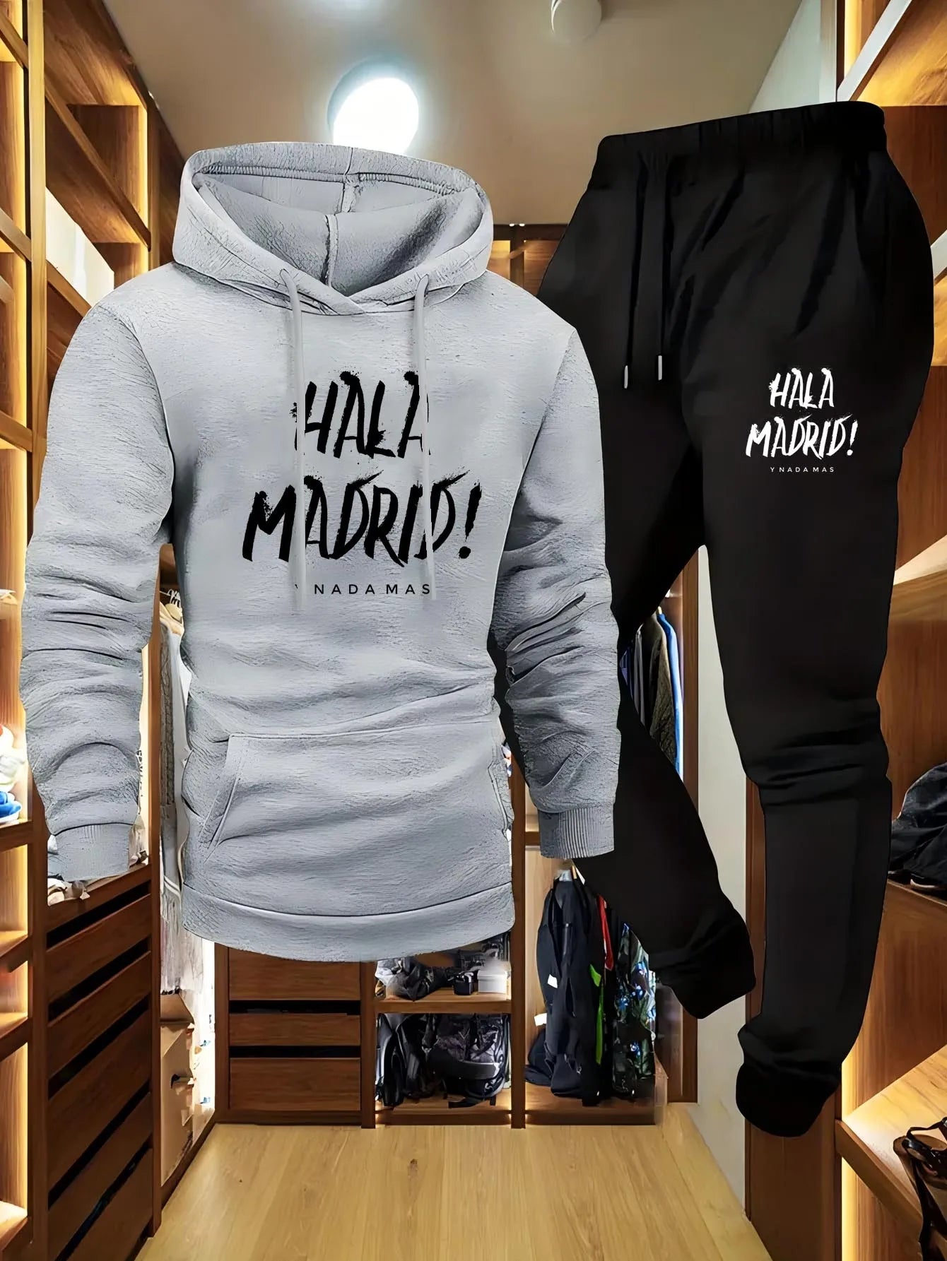 Men's Hala Madrid Graphic Print Hoodie And Jogger Set Casual Loose Fit Polyester Knit Pullover with Elastic Material