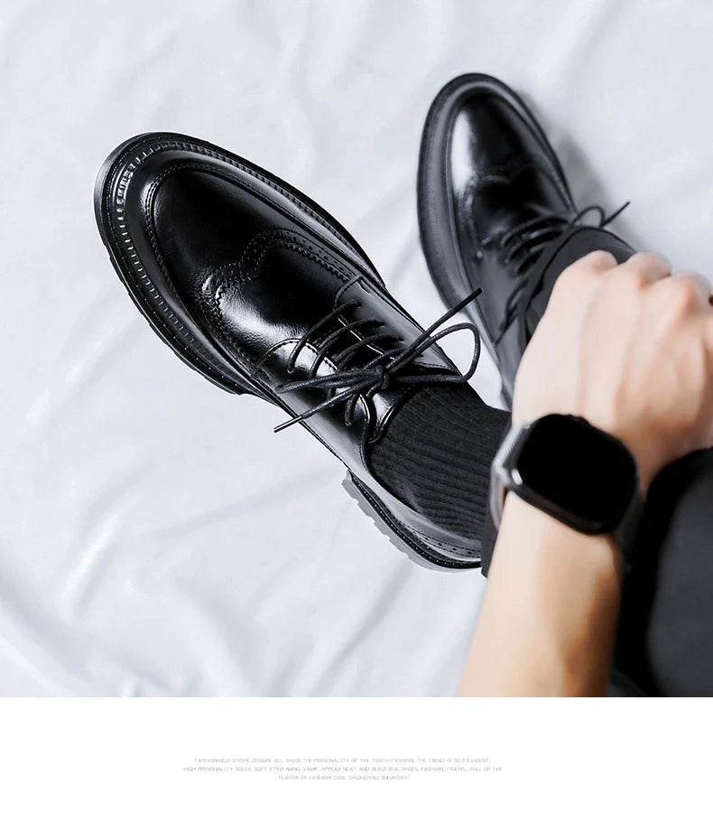 Men Korea Leather Platform Oxfords Slip on Thick Tottom for Male Derby Shoes Casual Loafers Mens Square Toe Formal Dress Shoes