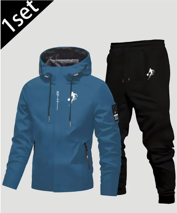 New men's jacket + thickened pants set, suitable for autumn and winter seasons, office, outdoor leisure, and fashionable sports
