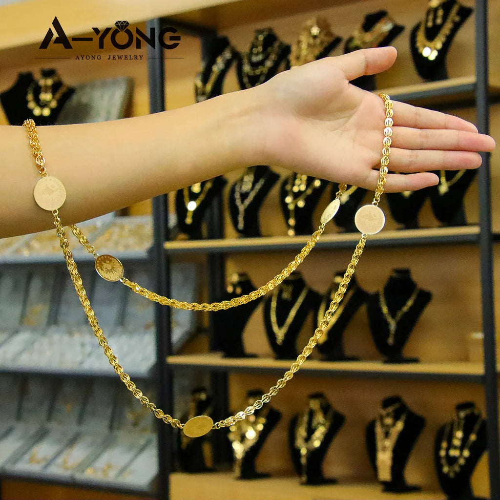 Luxury Arabic Long Necklace 21k Gold Plated 80cm 160cm Italian Vintage Chains Dubai Muslim Women Wedding Party Jewelry Gifts