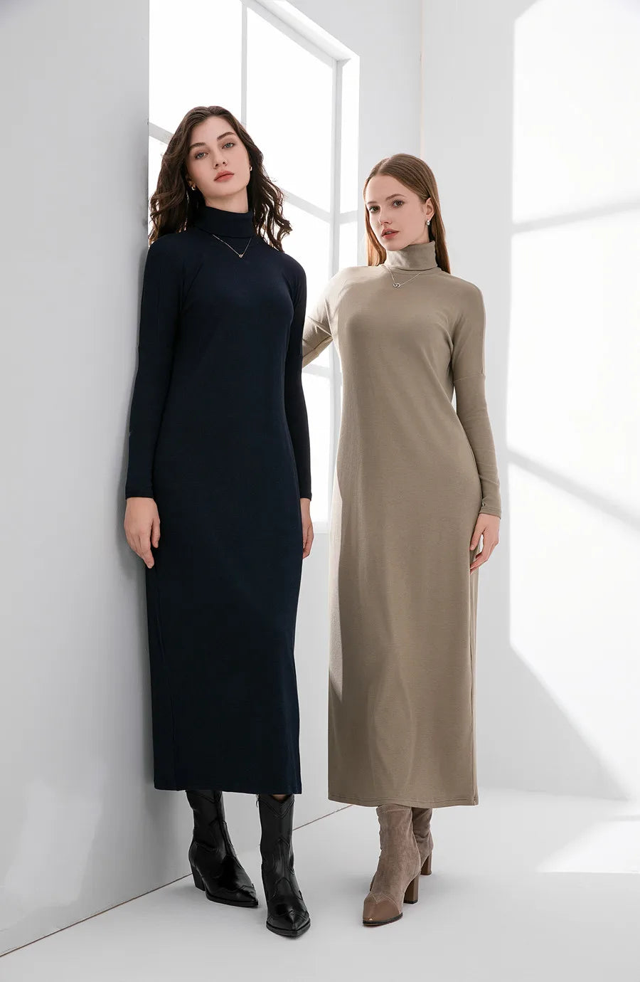 2024 winter turteneck thicken ribbing dress soft and comfortable basic turn-down collar maxi dress ( Ship out in 1 day)