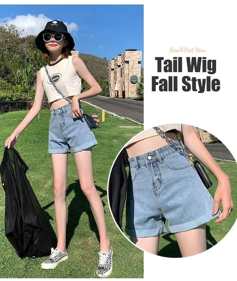 Summer Thin Style Korean Version High Waist Slimming Denim Shorts for Women Loose Line Outer Wear Rolled Edge Wide Leg Hot Pants