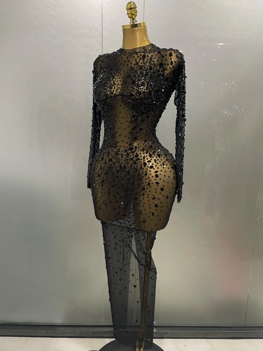 Sexy Shinny Rhinestone Stretch Mesh Transparent Long Dress 2025New Women Evening Birthday Party Prom Nightclub Singer Stage Wear
