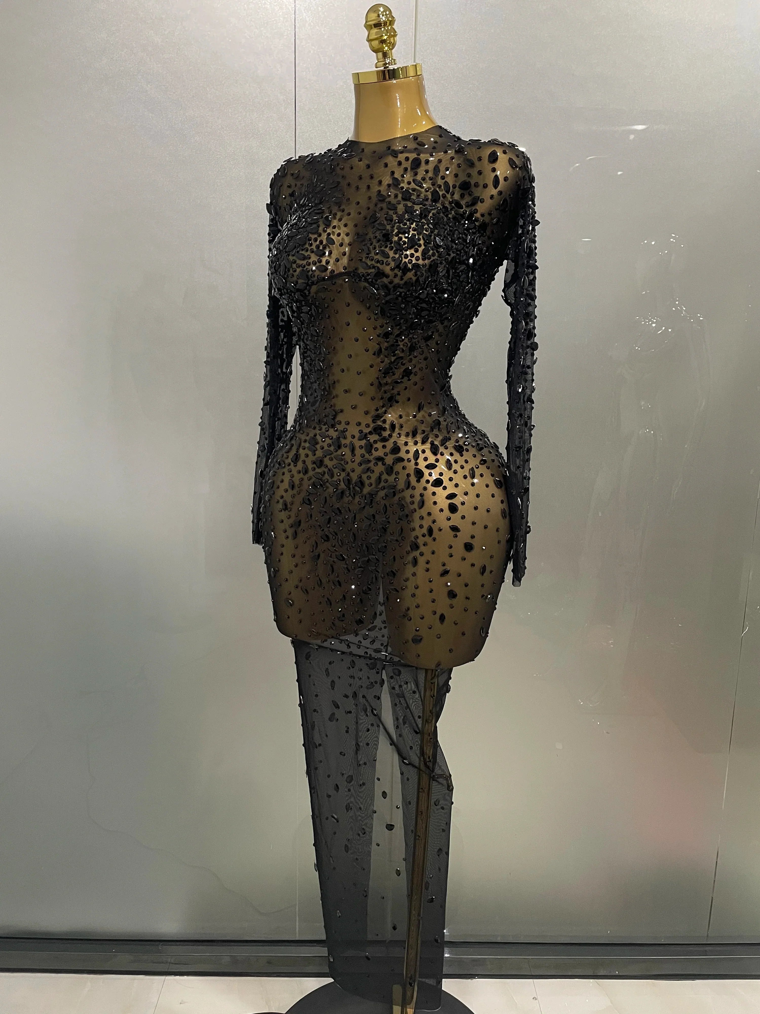 Sexy Shinny Rhinestone Stretch Mesh Transparent Long Dress 2025New Women Evening Birthday Party Prom Nightclub Singer Stage Wear