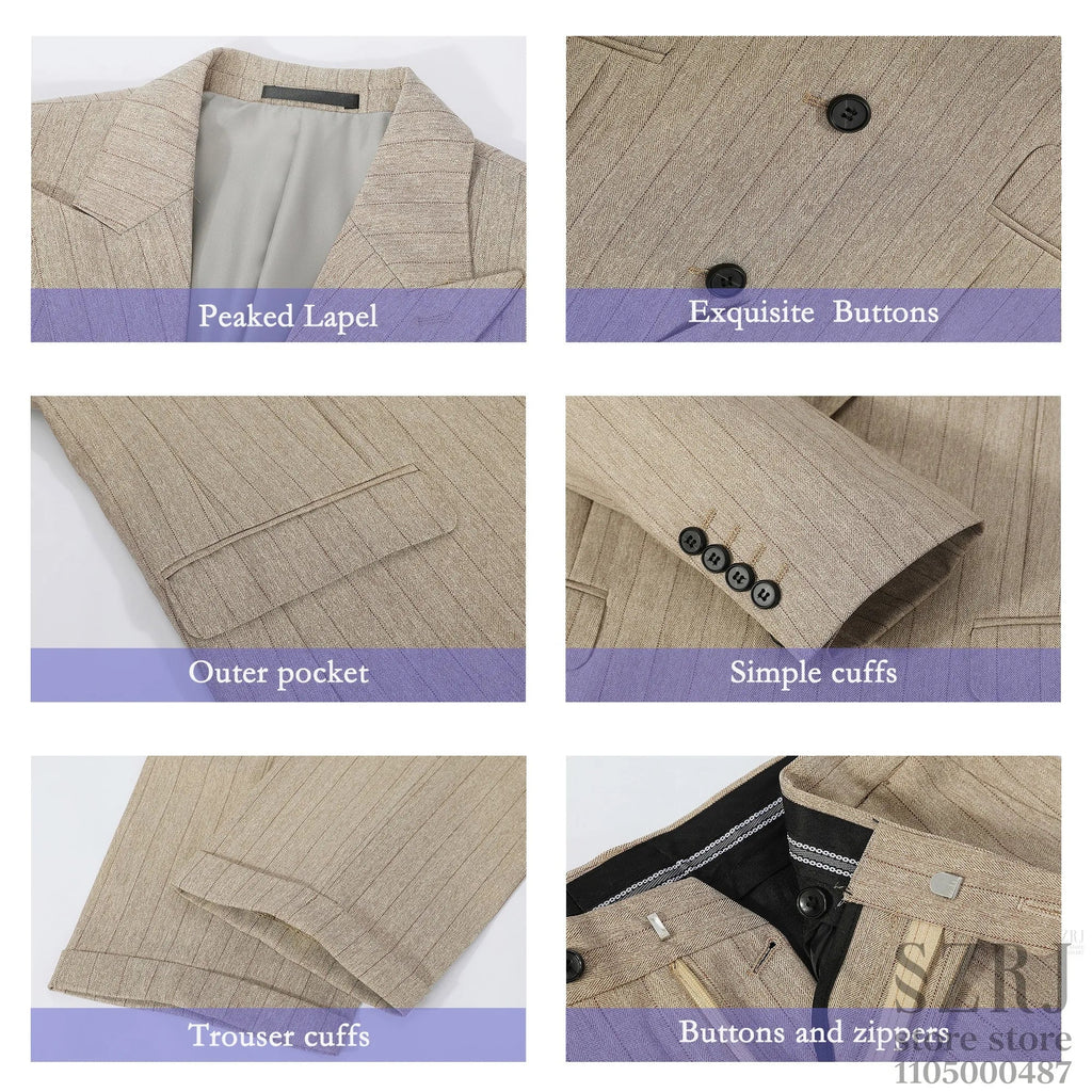 Men's 4-piece vertical striped pink suit - double button jacket+vest+pants+tie, suitable for wedding/business/daily wear