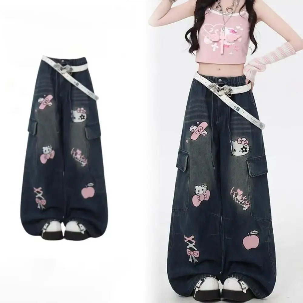 بنطلون أنمي واسع الساقين فضفاض Hello Kitty Sanrios Y2K