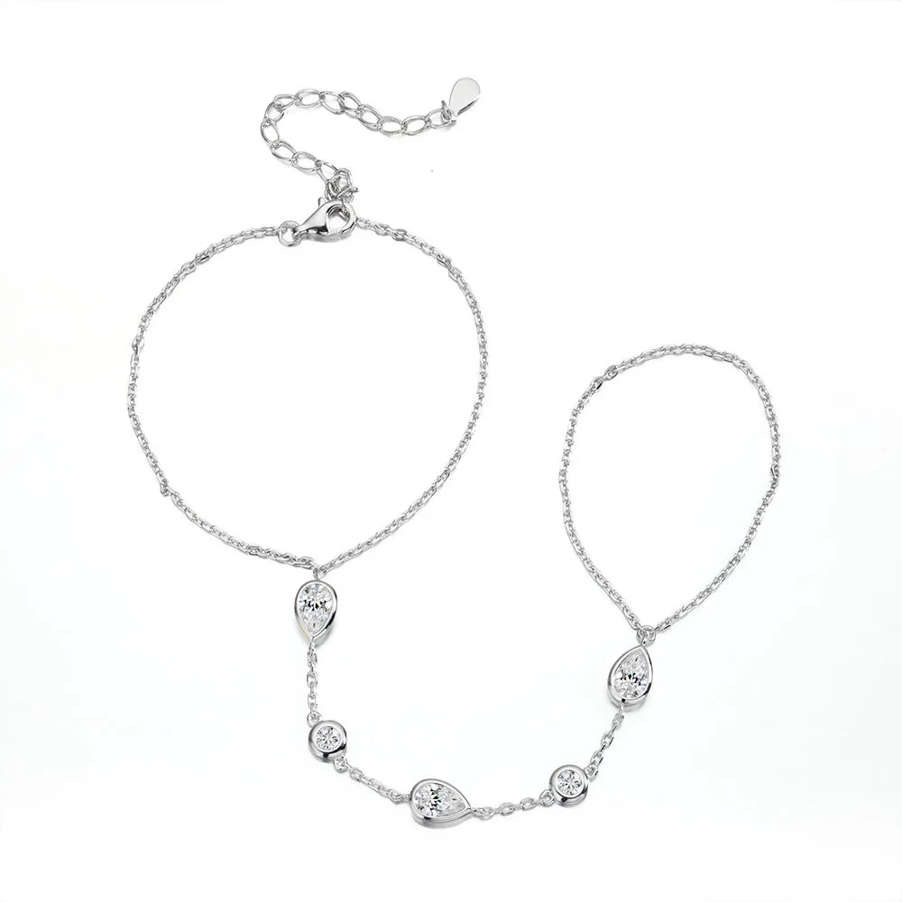 Dainty All Pear Round Cut Moissanite Finger Chain Bracelets Women 14-20cm Wrist Size Adjustable s925 Silver Hand Jewelry
