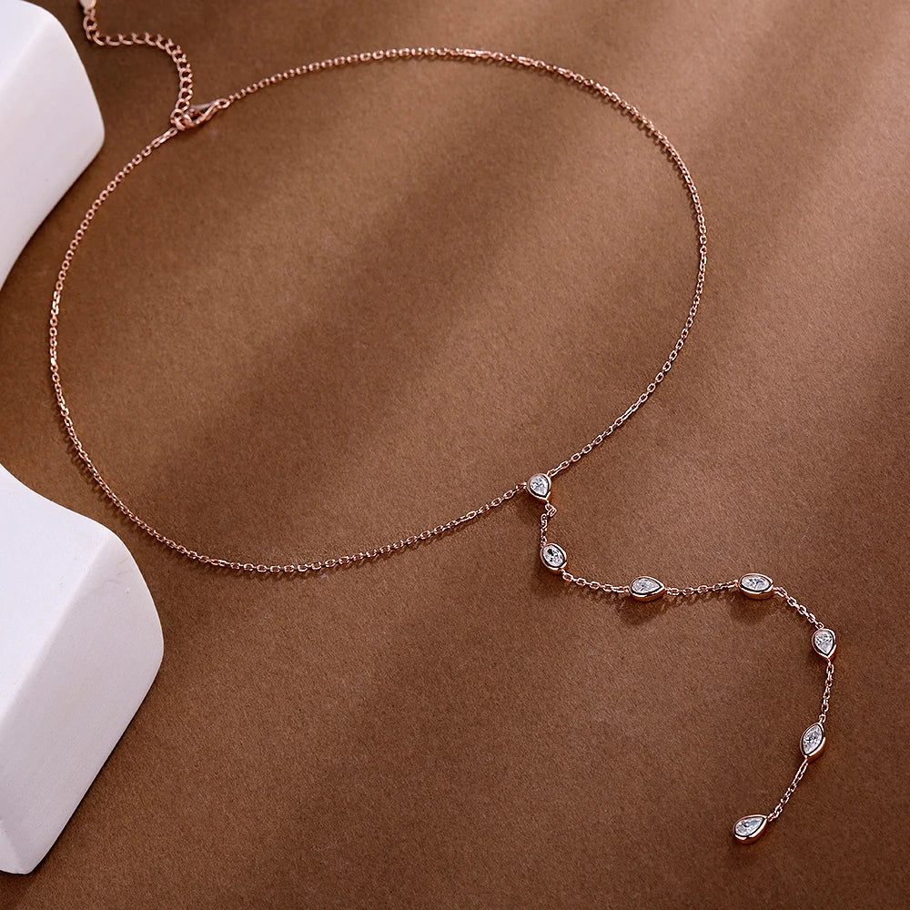 Multi Shape Moissanite Lariat Necklace for Women S925 Silver Bezel Set Pear/Oval Marquise Diamond Long Tassel Drop Necklace