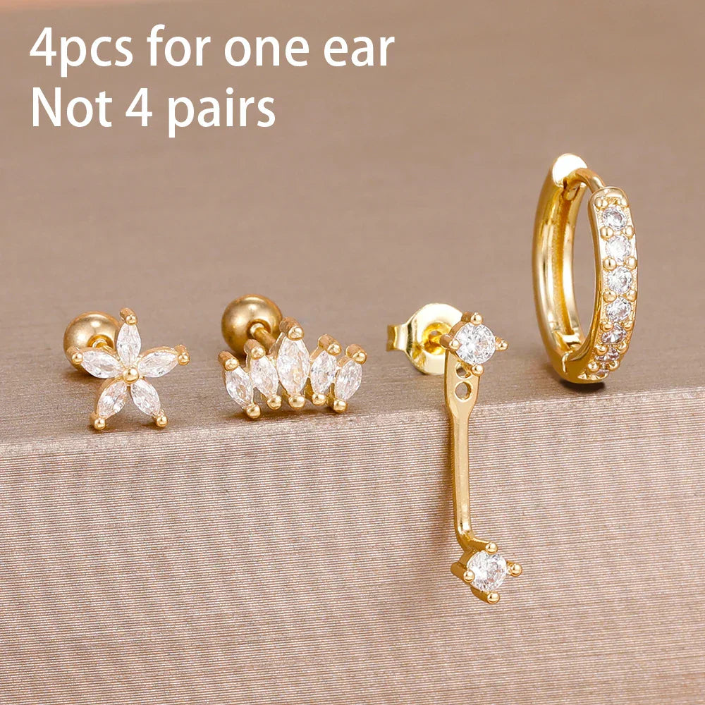4PCS Stainless Steel Circle Huggie Hoop Earrings Set for Women Gold Color Unique Zircon Flower Stud Earring Piercing Jewelry