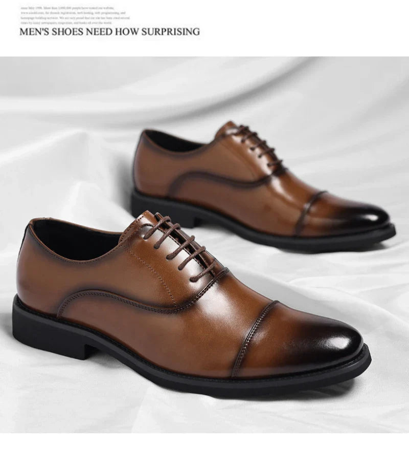 Mens Brown Gradient Leather Cap Toe Oxford Dress Shoes Lace Up Formal Business Office Work Daily Wear Comfortable Non Slip Shoes