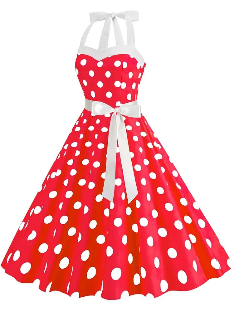 Women Summer Party Dress With Belt Polka Dot Print Halter Hepburn Robe 50s 60s Vintage Dresses