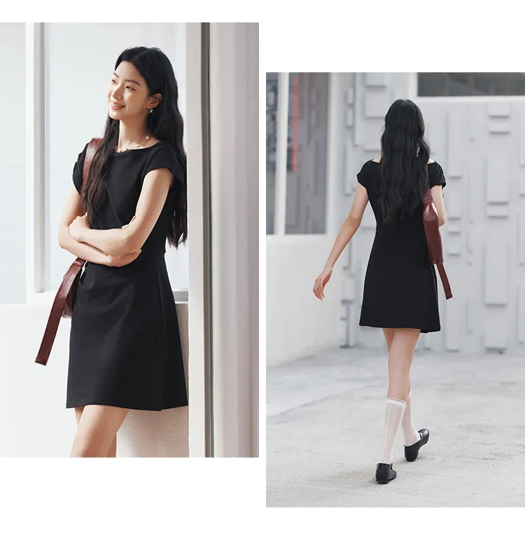 Women Dress One Shoulder Oblique Neck Waist Pleated Solid Cool Feeling Mini 2026 Summer Minimalist Temperament Fashion Top
