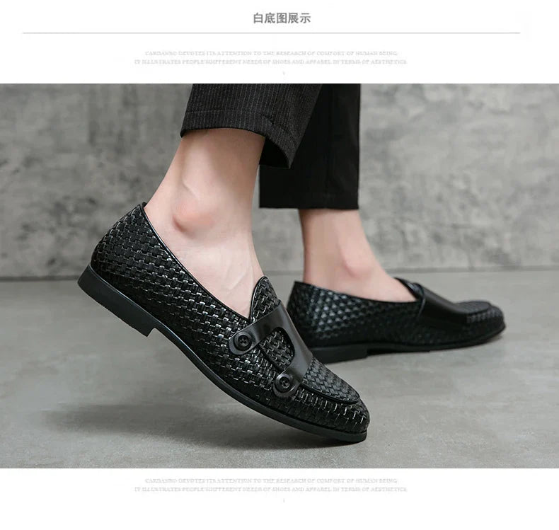 British Style Weave Pattern Microfiber Leather Monk Shoes Mens Buckle Party Wedding Loafers Moccasins Men Driving Flats