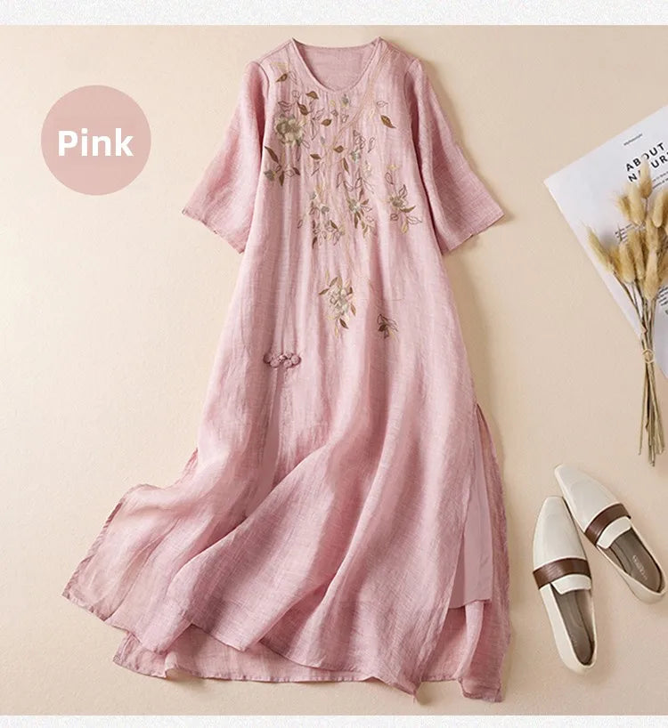 Summer New Hemp Dr Embroidered round Ne Five-Quarter Sve Fairy Beautiful Long Women's Dr New Chinese Sle
