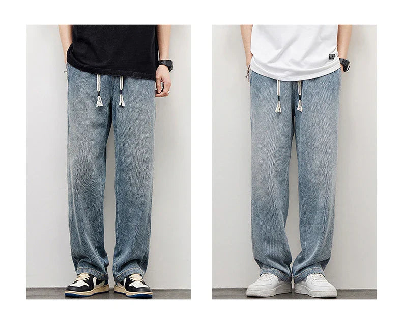 Brand Clothing High Quality Starry Sky Texture Fabric Men's Jeans Loose Straight Denim Pants Elastic Waist Drawstring Trousers