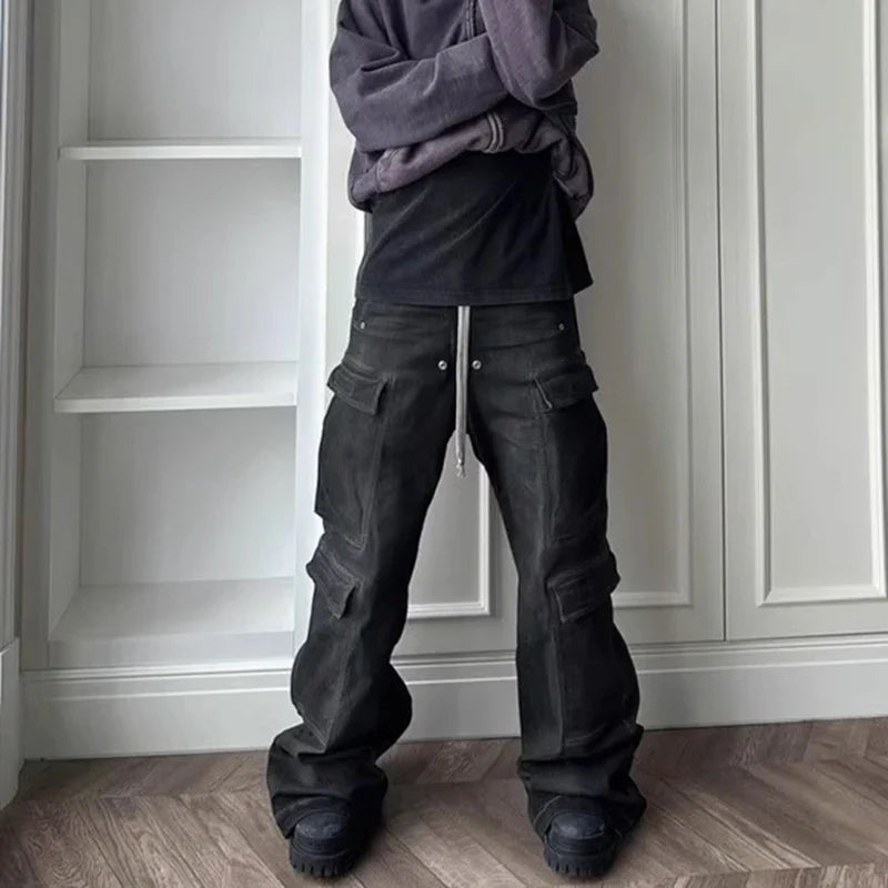 RO Style Ribbons Wide Leg Multi-Pockets Smoke Grey Baggy Jeans for Men