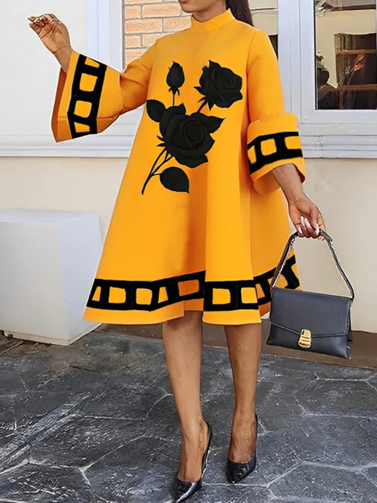 Flower Print  Loose Yellow Dresses for Women Autumn Winter Clothes Flared Sleeves Woman Midi Casual A-line Dress