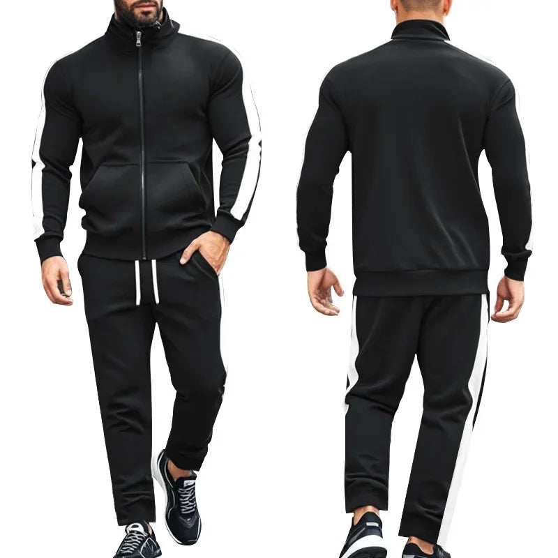 2025 Spring Autumn Men's 2-Piece Set Color Blocking Zipper Stand Collar Casual Sports Jacket Sweatshirt Trousers Suit