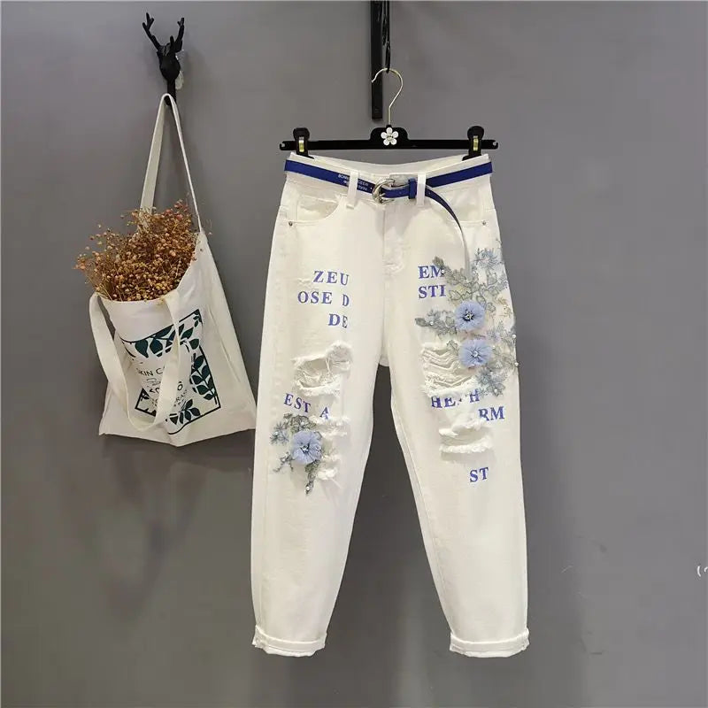 Women's Heavy Industry Lace Beggar Hole Denim Pants
