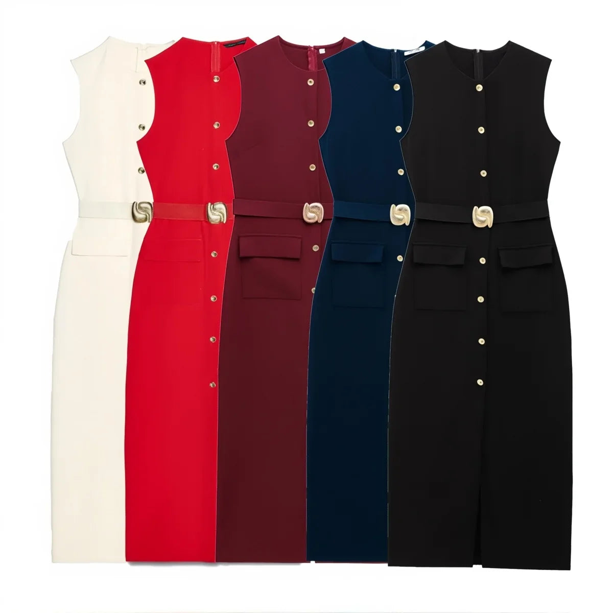 Female Summer Elegant Midi Dress O-Neck Hem Slit With Belt Sleeveless Single Breasted Back Zipper Fashion Long Dress