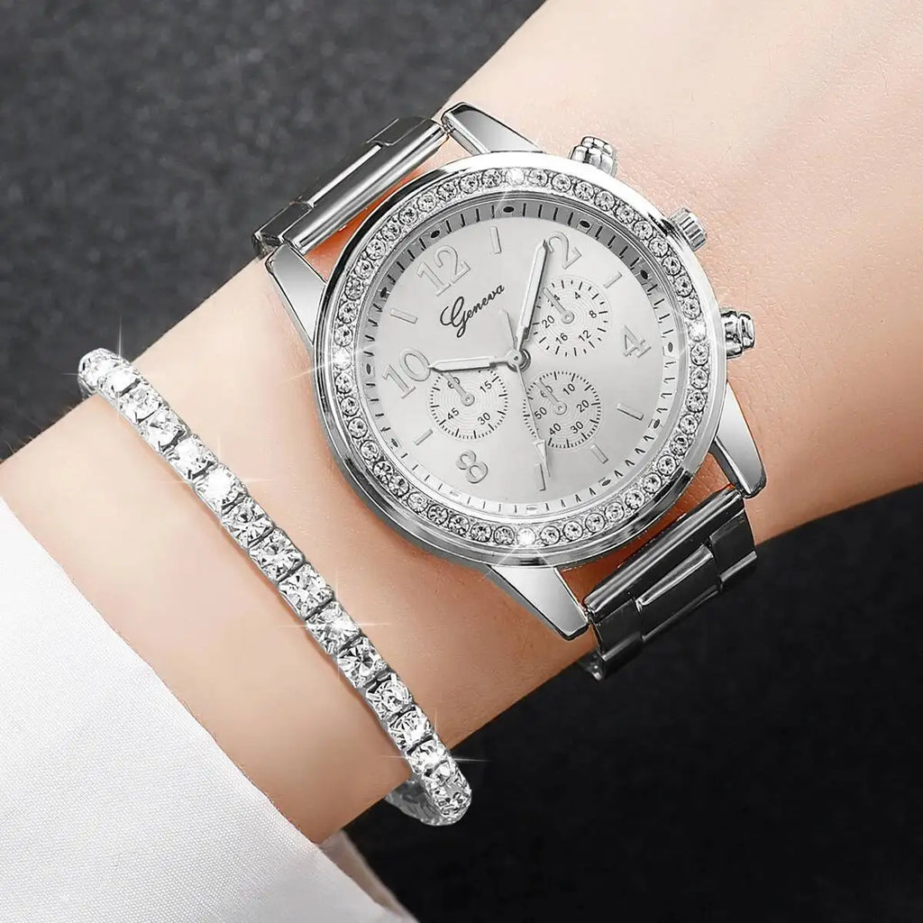 6PCS/Set Fashion Rhinestone Women Watches Analog Quartz Wrist Watch Jewelry Set Reloj Mujer（Without Box）