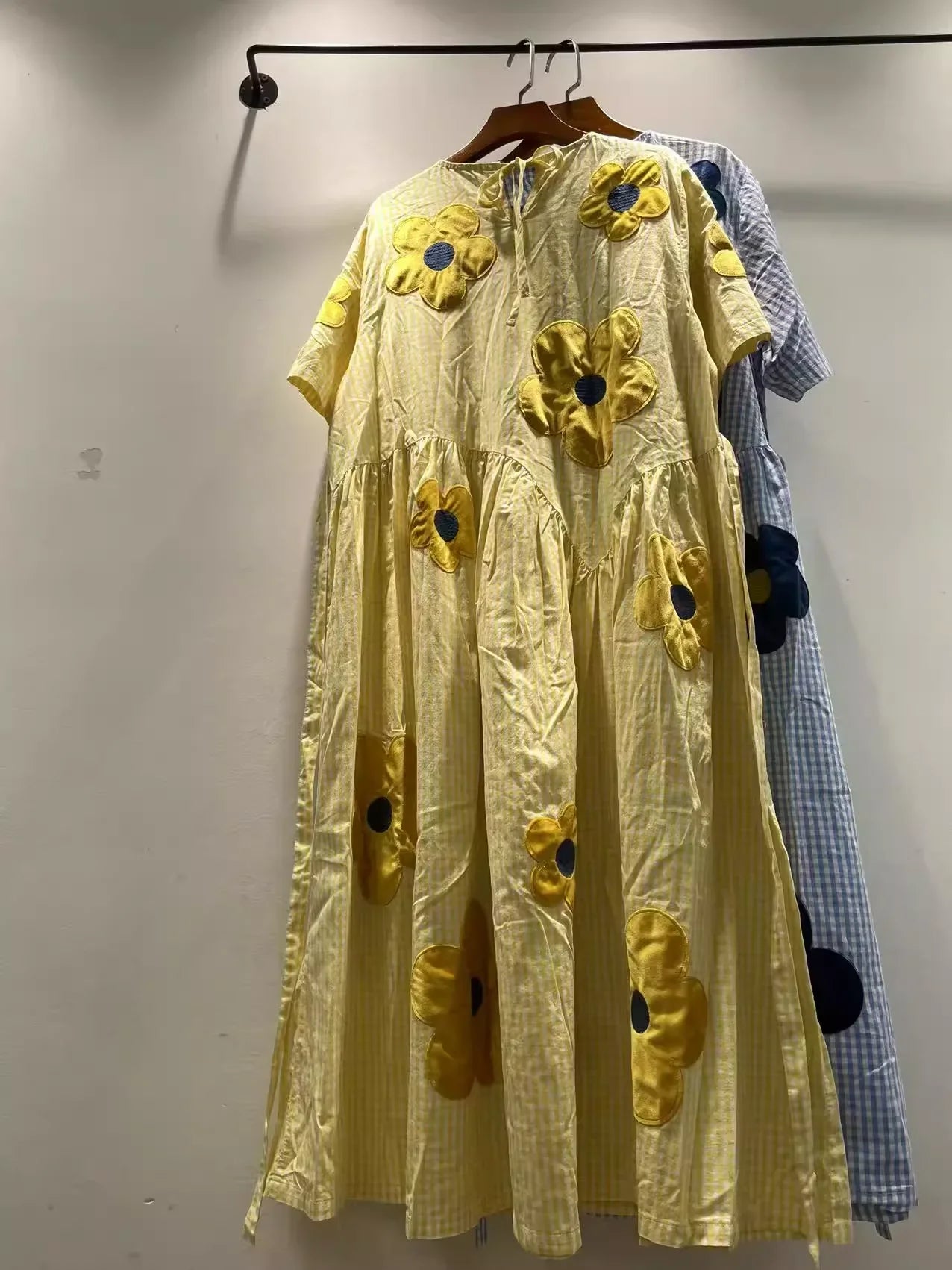 2026 girl sweet blue yellow striped floral embroider patchwork dress for women summer Japan style 100% cotton long dress