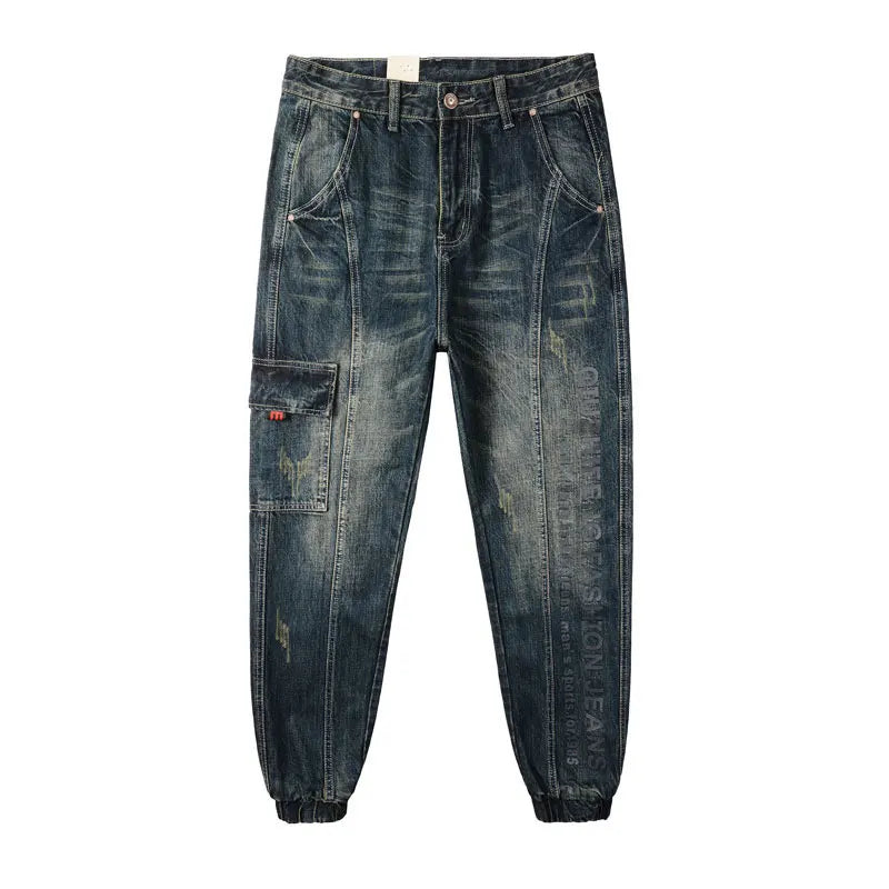 Men Jeans Retro Blue Printed Designer Big Pocket Casual Cargo Pants