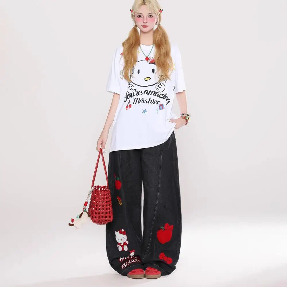 بنطلون أنمي واسع الساقين فضفاض Hello Kitty Sanrios Y2K