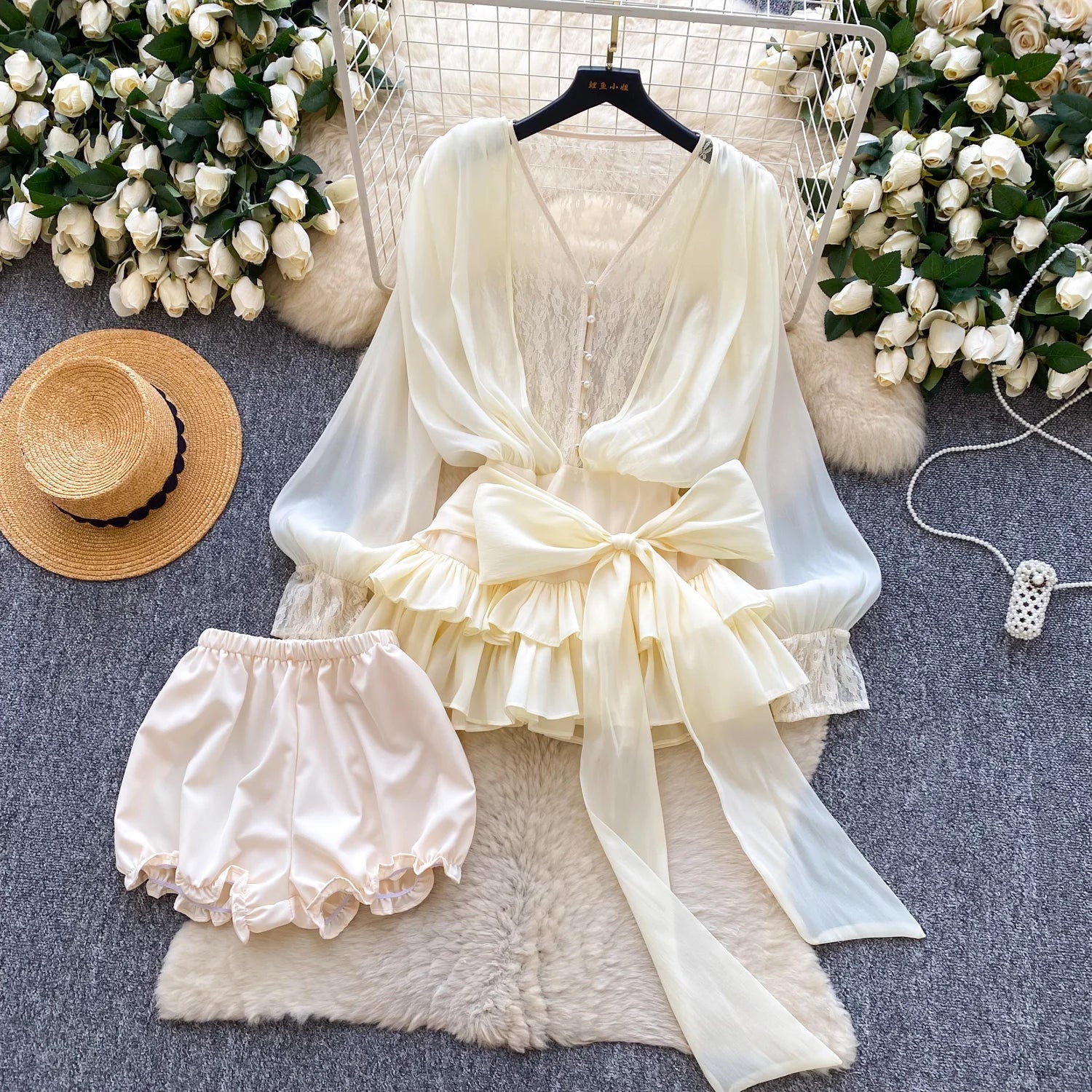 Fairycore Lace Chiffon Dresses With Stretch Shorts Pearl Button Bow Female Ruffles Sheer Seaside Holiday Mini Dress