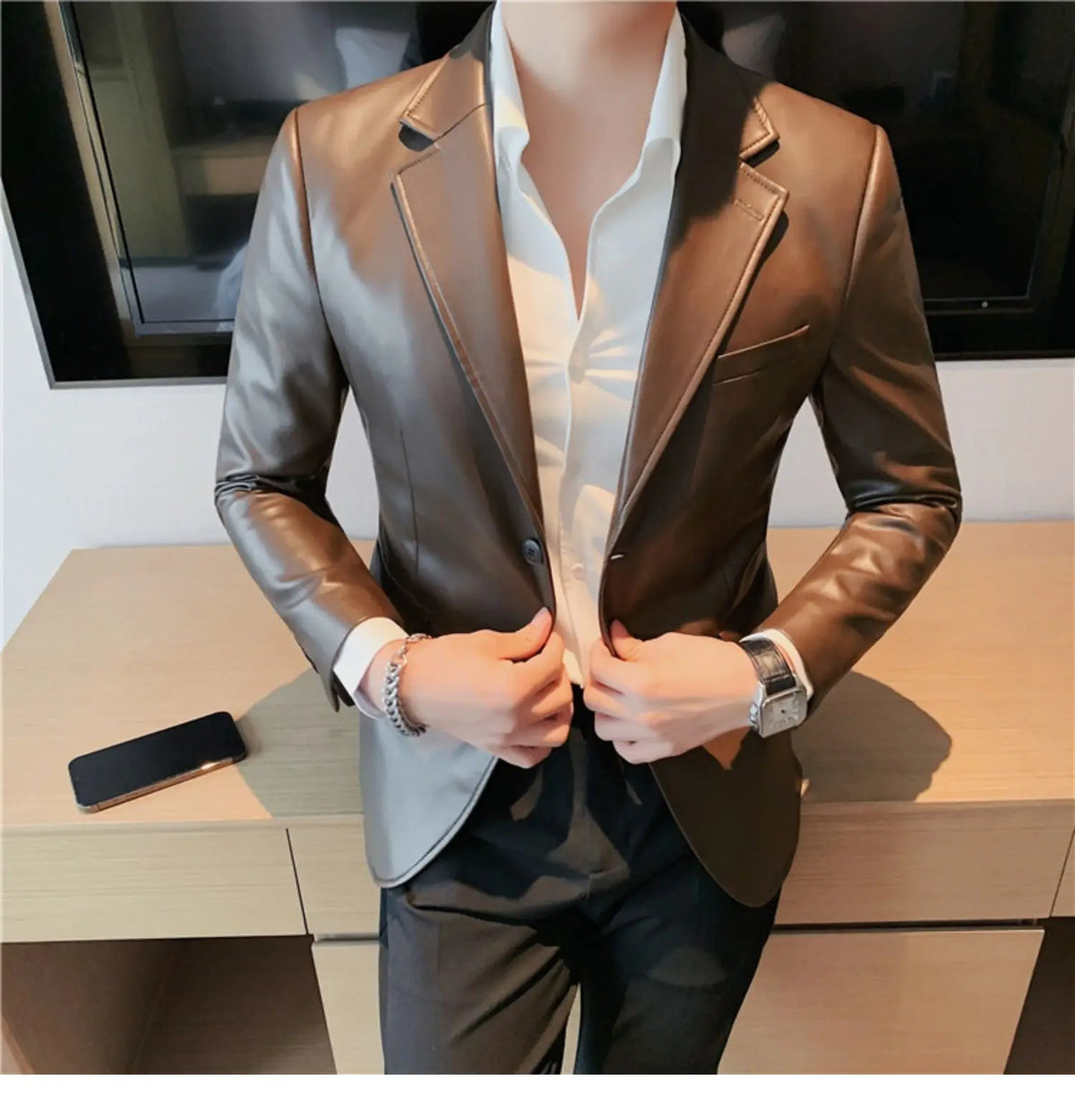 Men's Leather Jacket 2024 Autumn Highend Fashion Solid Slim Fit Business Blazers Coats Korean Casual PU Leather Suit Tuxedo
