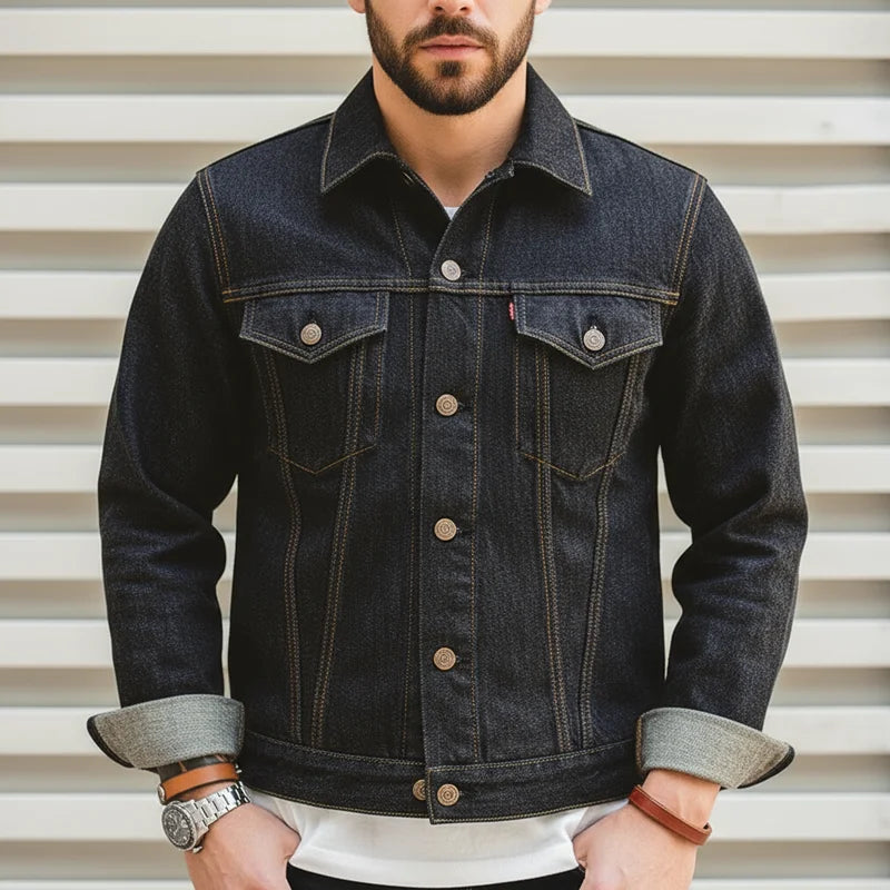 Vintage 14.8oz Washed Denim Type III Jacket Classic Solid Slim Fit Coat Cotton Denim Jacket for Men Spring and Autumn Tops