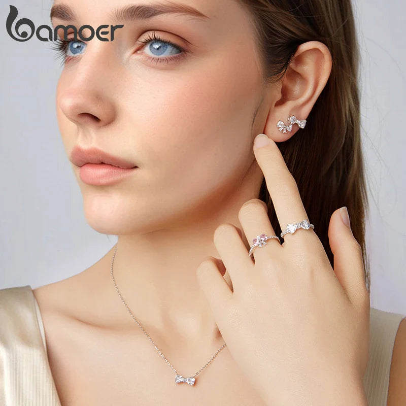 925 Sterling Silver Full Zircons Bow Pendant Necklace Sweet Bowknot Link Chain for Women Girls Birthday Gift Fine Jewelry