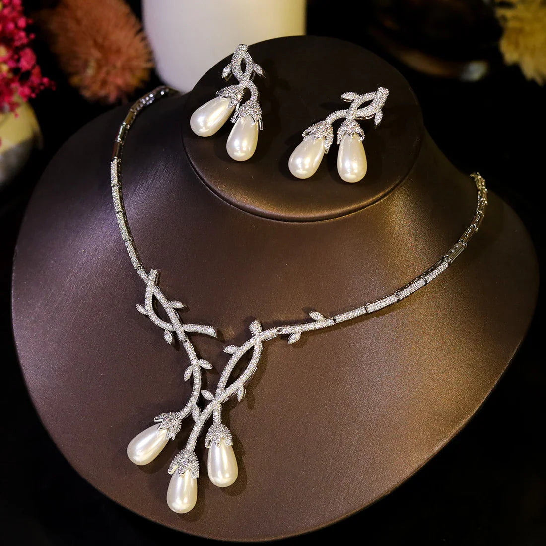 New Unique Pearl Flower Design Necklace Sets for Women Accessories Luxury Dubai Bridal Wedding Jewelry X0576
