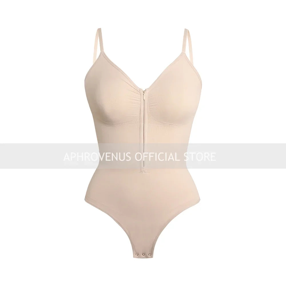 Colombian Fajas Shapewear Seamless V-Neck Bodysuit with Zipper for Tummy Control & Waist Cinching Thong Body Shaper