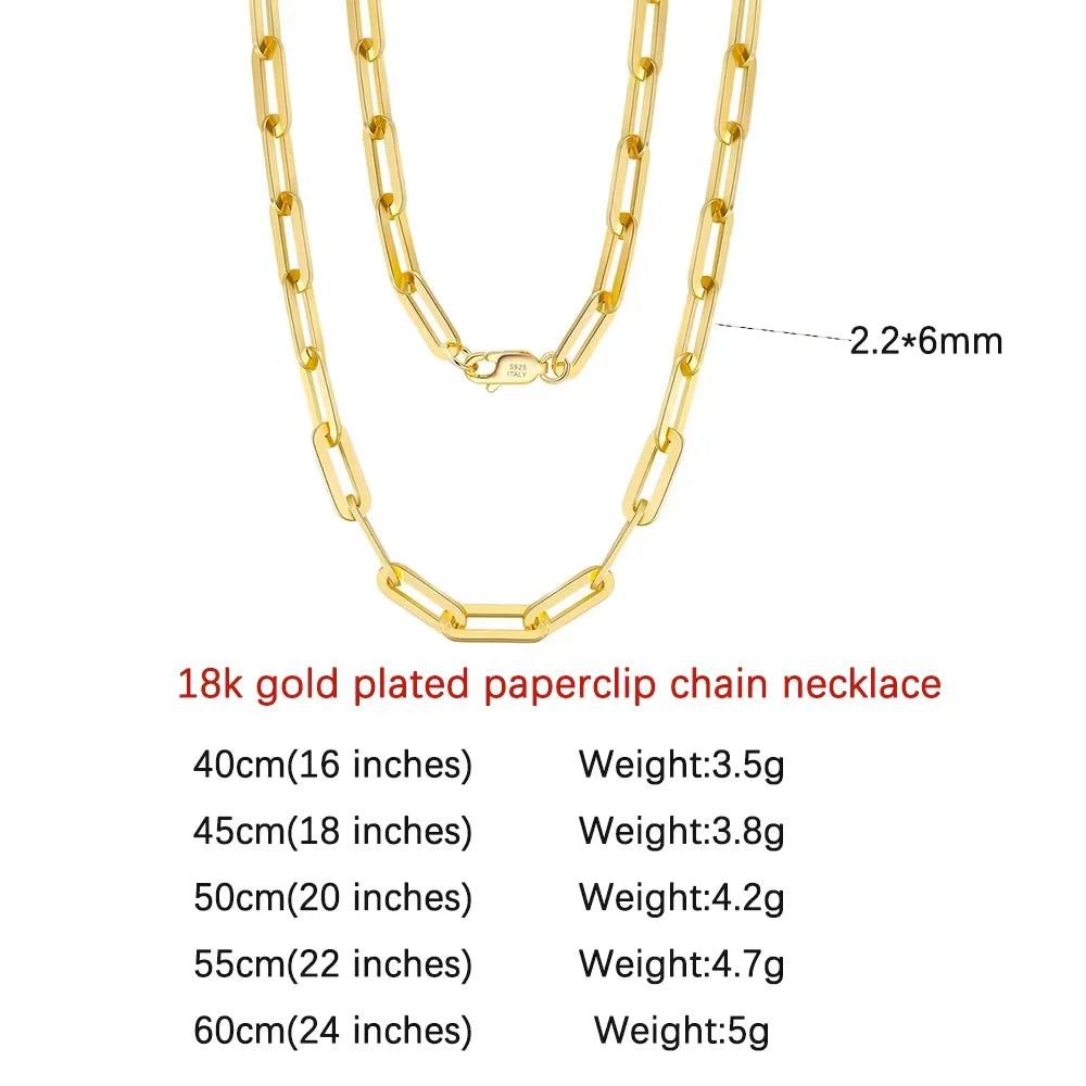 14K Gold Plated Genuine 925 Sterling Silver Paperclip Neck Chain 6/9.3/12mm Link Necklace for Women Men Jewelry SC39