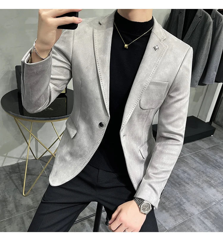 Plus Size 4XL-M Autumn Deerskin Velvet Jackets Blazer 6 Color Men Business Slim Blazers Hommes Casual Wedding Tuxedo Suit Coat