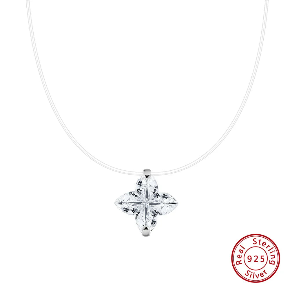 Dainty Invisible Line 925 Silver Simple Flower 8A Cubic Zirconia Choker Chain Transparent Fishing Line Collier LZN33