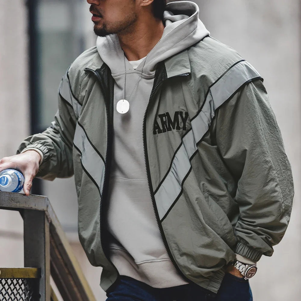 ARMY Reflective Hooded Contrasting Color Bomber Jacket Sports Quick-drying Jacket Loose IPFU Training Suit for Men's Daily