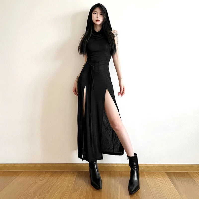 Summer 2023 Sexy European And American Style Sleeveless Hooded Dress Long Split Hollow out Pure Color Women's Gown