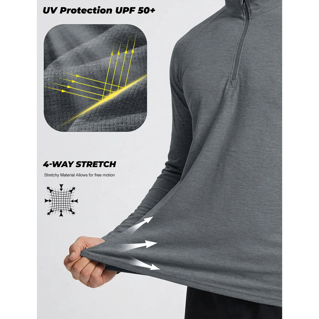 Mens Sun Protection UPF 50+ Long Sleeve Shirt Quarter Zip Pullover Quick Dry Lightweight Fishing Running Rash Guard