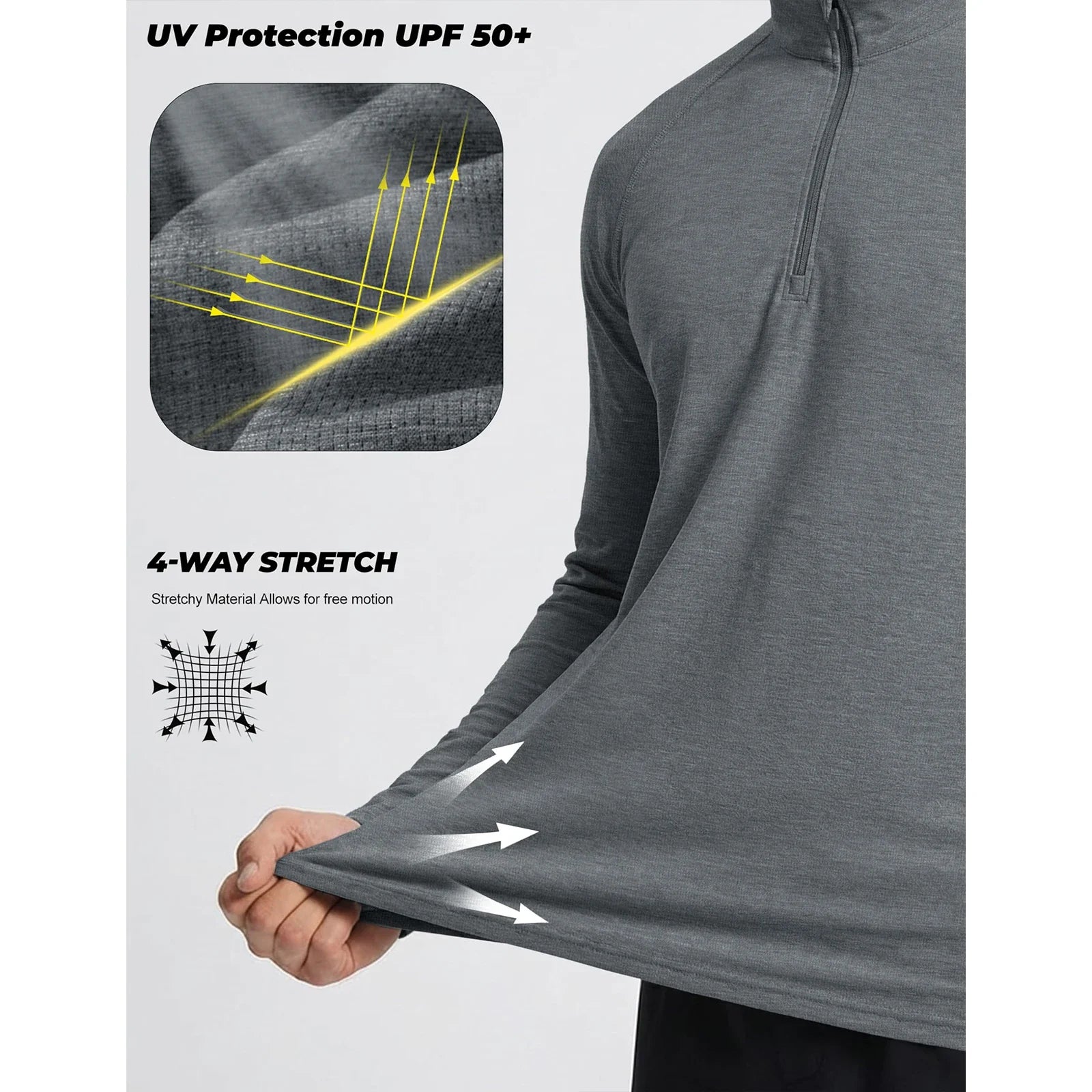 Mens Sun Protection UPF 50+ Long Sleeve Shirt Quarter Zip Pullover Quick Dry Lightweight Fishing Running Rash Guard