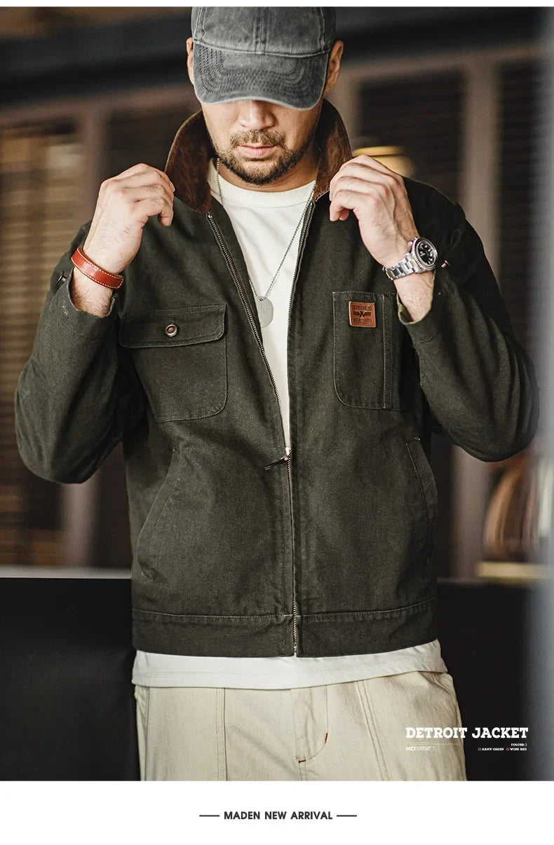Retro Heavyweight Canvas Detroit Jacket Corduroy Collar Hunting Short Zip-Up Jacket with Pockets Men's Autumn Outerwear