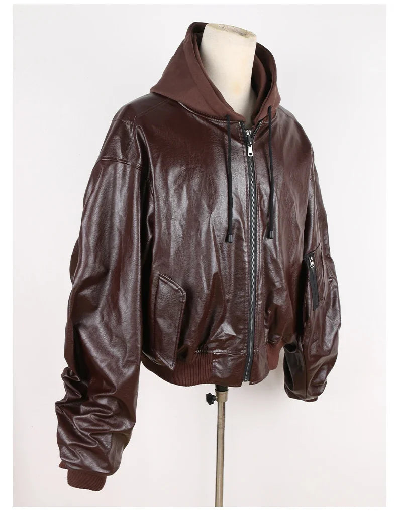 Autumn Winter Cool Handsome Oversized Brown Thickened Warm Leather Jacket Men with Hood Fake 2 Piece European Clothes