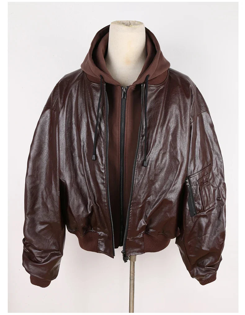 Autumn Winter Oversized Cool Black Thickened Warm Pu Leather Jacket Men Hood Luxury Designer Fake 2 Clothes