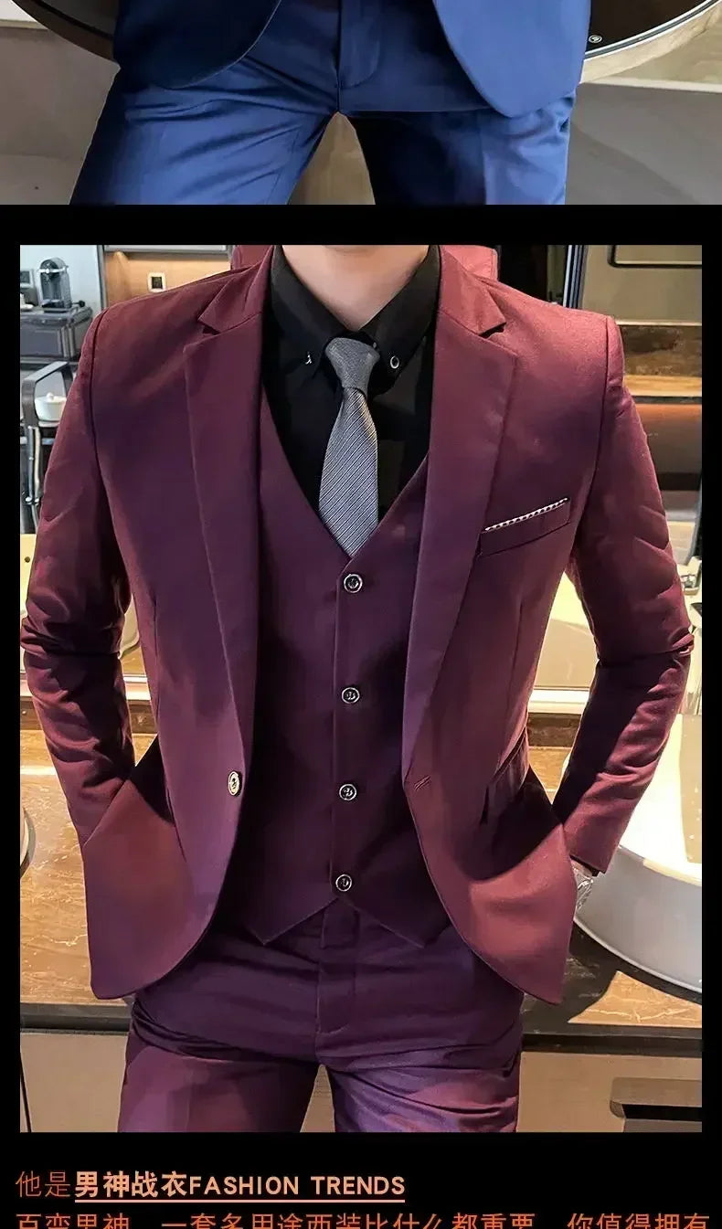 S-8XL (Blazer+ Vest + Pants) Men's fashion casual outdoor gentleman business wedding slim-fit formal British style wedding suit